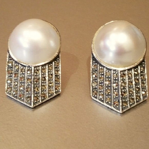 Judith Jack Jewelry - Judith Jack Sterling Silver & Faux Pearl Geometric Art Deco Earrings